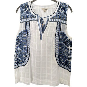 Lucky Brand Sz M Embroidered Tank Top Cotton White/Blue Drawstring Neck